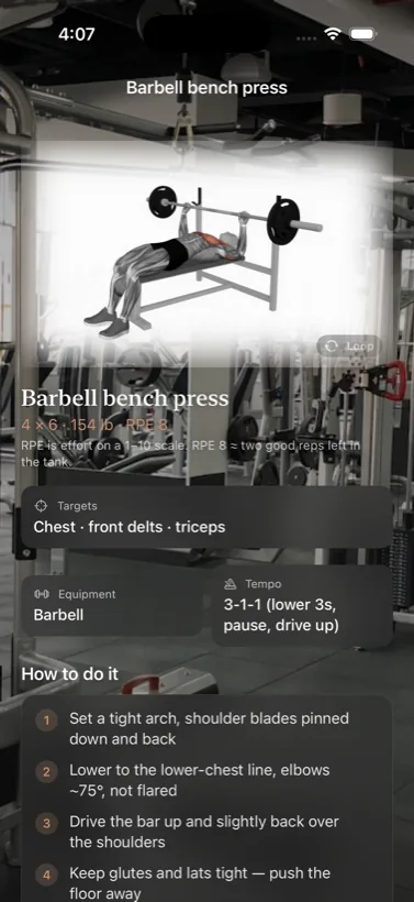 An exercise demo screen with a movement illustration and form cues.
