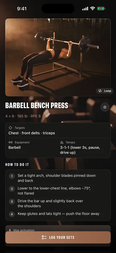 An exercise demo screen with a movement illustration and form cues.