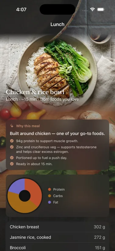 A meal detail screen with a photographed dish, macros, and portions.