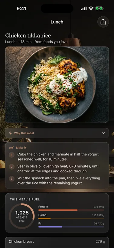 A meal detail screen with a photographed dish, macros, and portions.