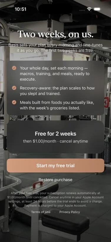 The Basis membership screen: free for 14 days, then $1.00 per month, cancel anytime.