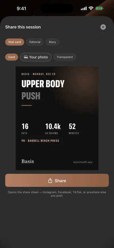 A share card built from a finished Basis session.